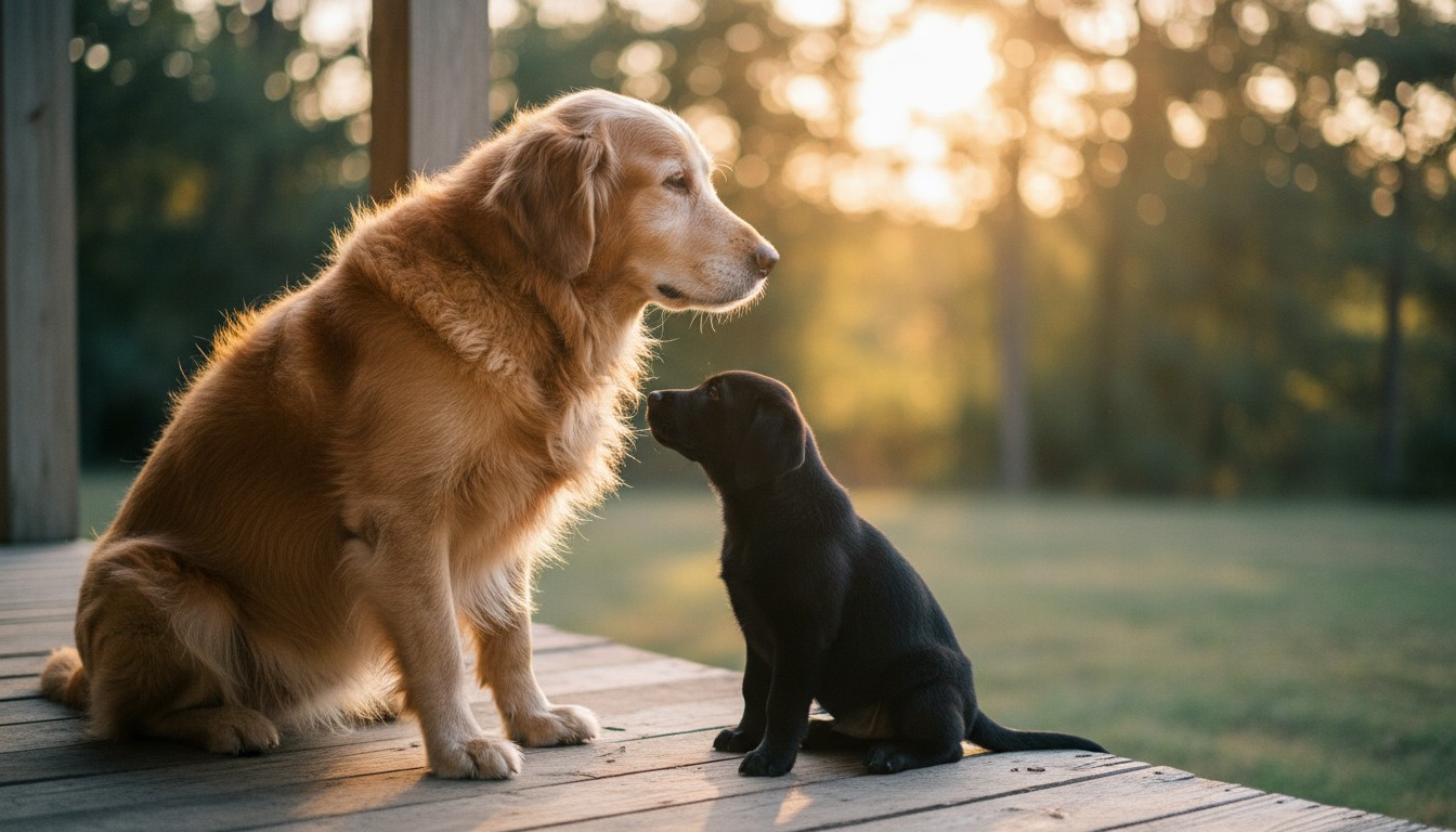 Adult Golden Retriever and small black puppy sitting together on a wooden porch at sunset.