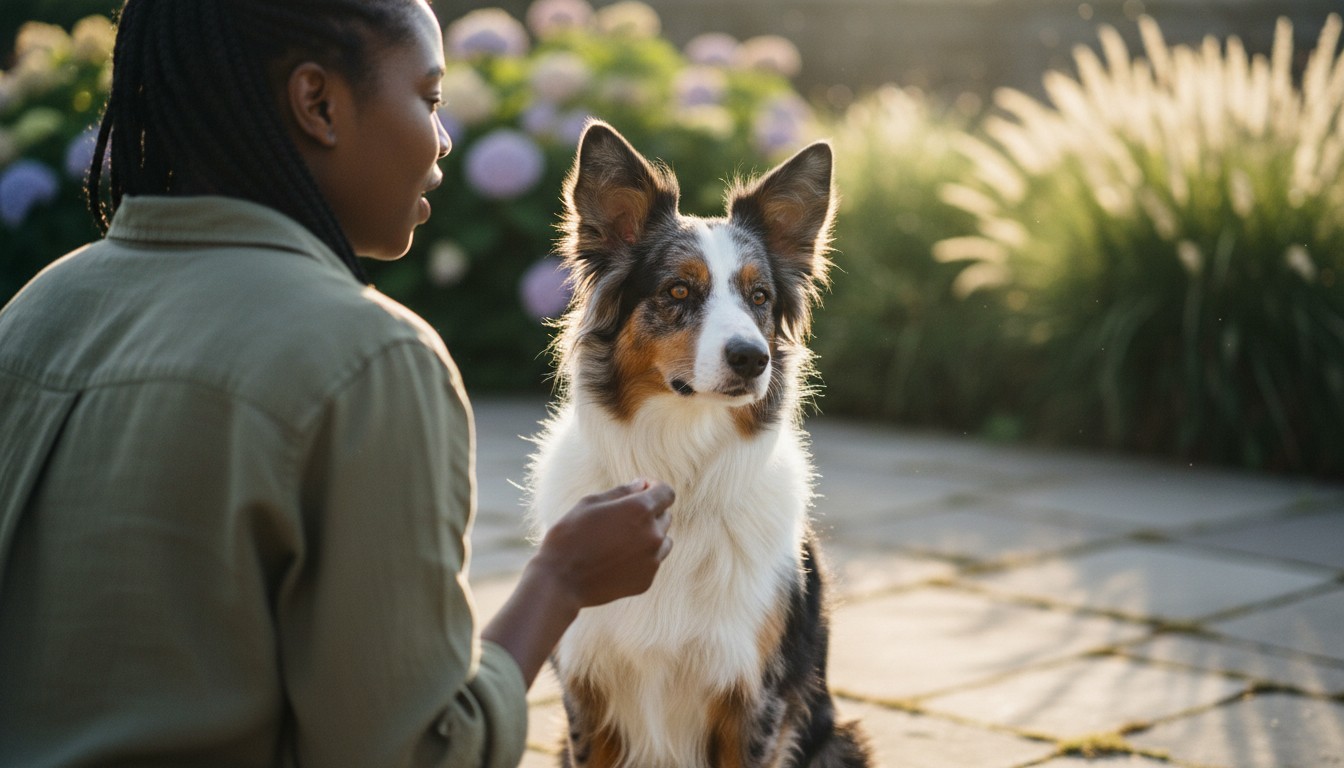 Young woman with braids training a beautiful tricolor Border Collie dog in a sunlit garden setting with blooming flowers.