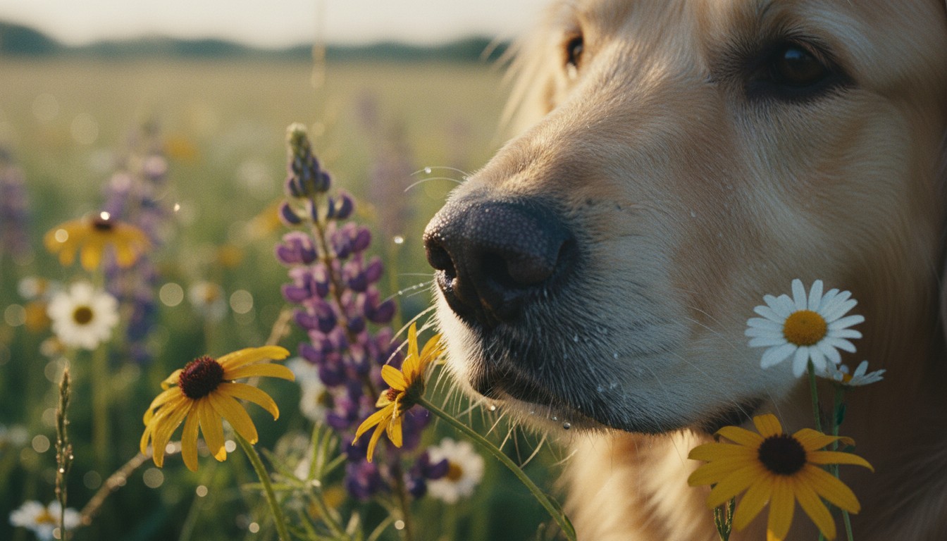 Close-up of a Golden Retriever sniffing yellow and purple wildflowers in a sunny meadow with morning dew.