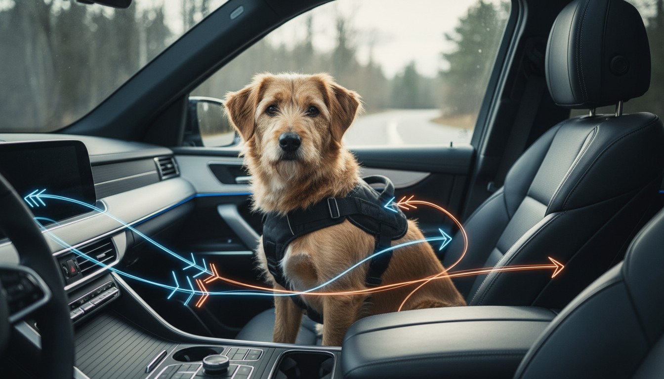 Scruffy brown dog wearing a black safety harness sits in a car passenger seat with blue and orange arrows depicting climate control airflow.