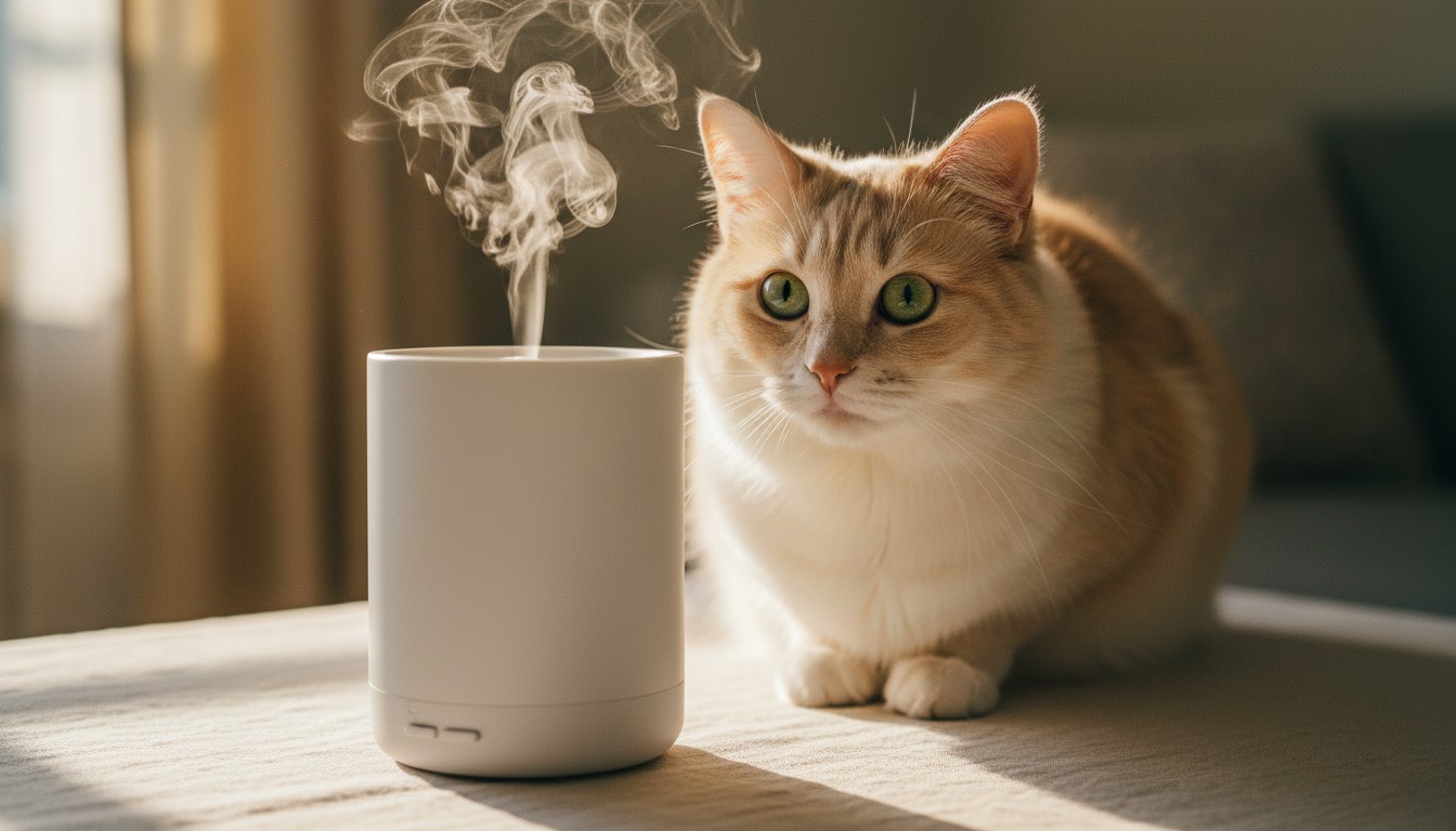A fluffy orange and white cat sitting calmly next to a white essential oil diffuser emitting a gentle mist in a sunlit room.
