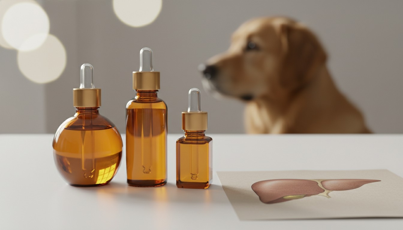 Three amber glass dropper bottles for pet supplements on a table with a liver diagram and a blurred golden retriever in the background. Natural liver support for dogs.