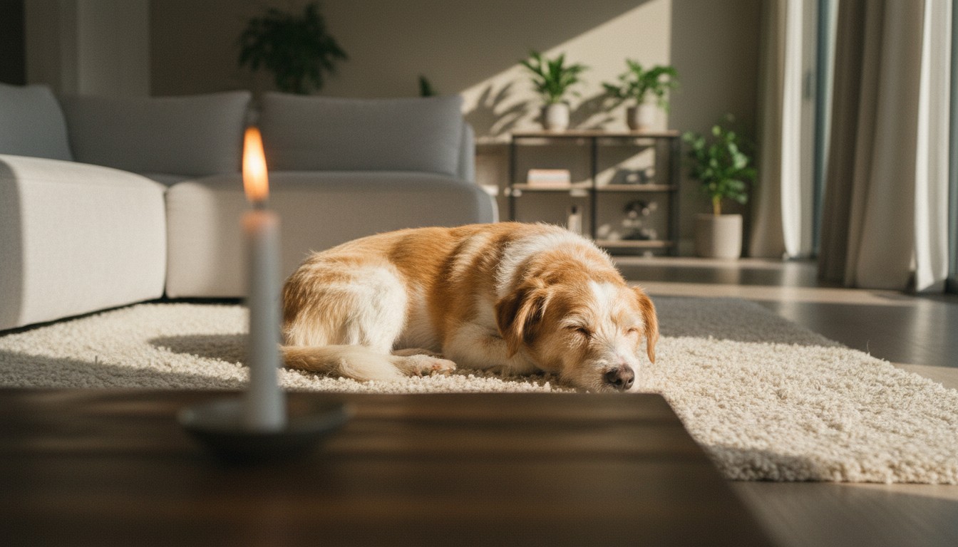 Brown and white dog sleeping peacefully on a fluffy rug in a sunlit living room with a lit candle in the foreground.