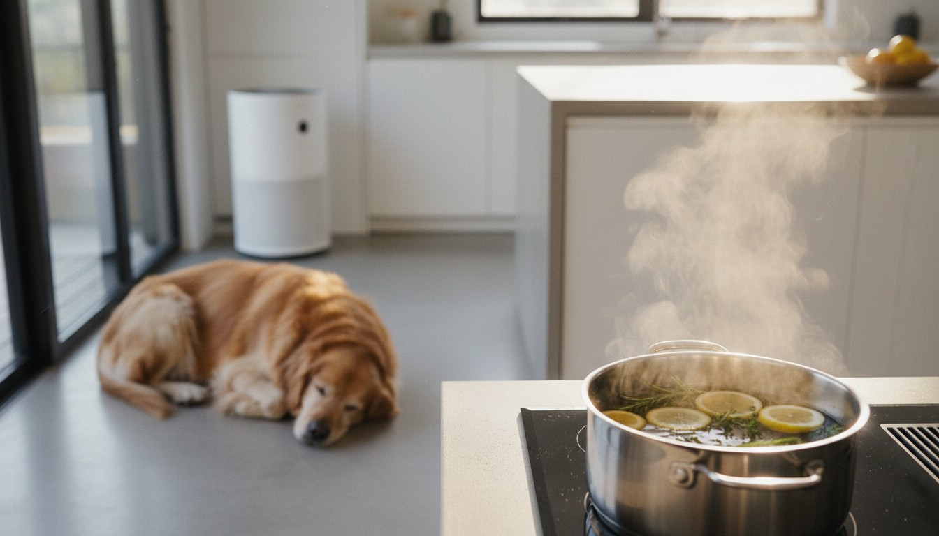 Golden retriever sleeping on the kitchen floor near a steaming pot of lemons and herbs with a modern air purifier in the background.