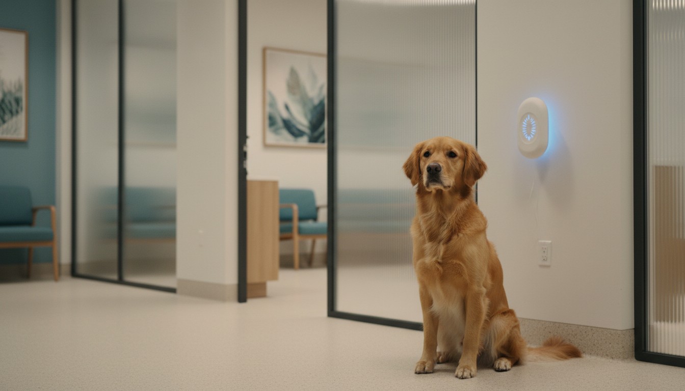 Golden Retriever sitting in a modern clinic next to a white wall-mounted smart device with a blue glowing ring.