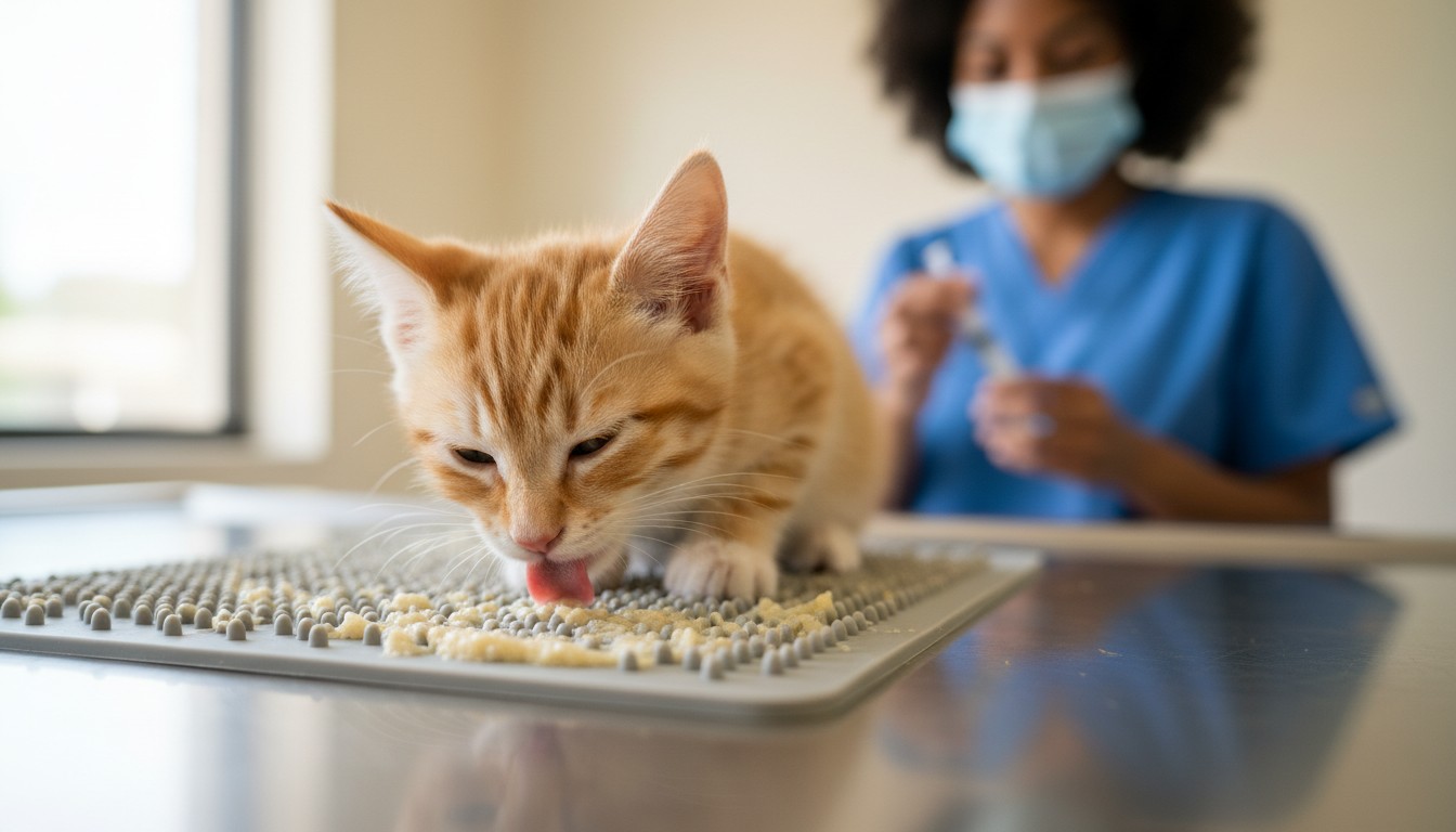 Ginger kitten licking soft food from a grey textured lick mat on a metal exam table while a veterinarian in blue scrubs prepares a syringe in the background.