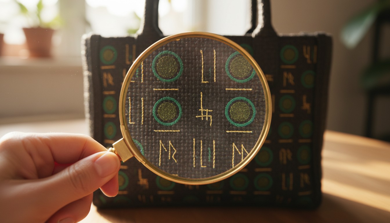 Section 3: 'How to Spot the 'Split' in the First Five Ingredients' Close-up of a hand holding a magnifying glass over an embroidered black tote bag, highlighting intricate green circular patterns and gold runic symbols.