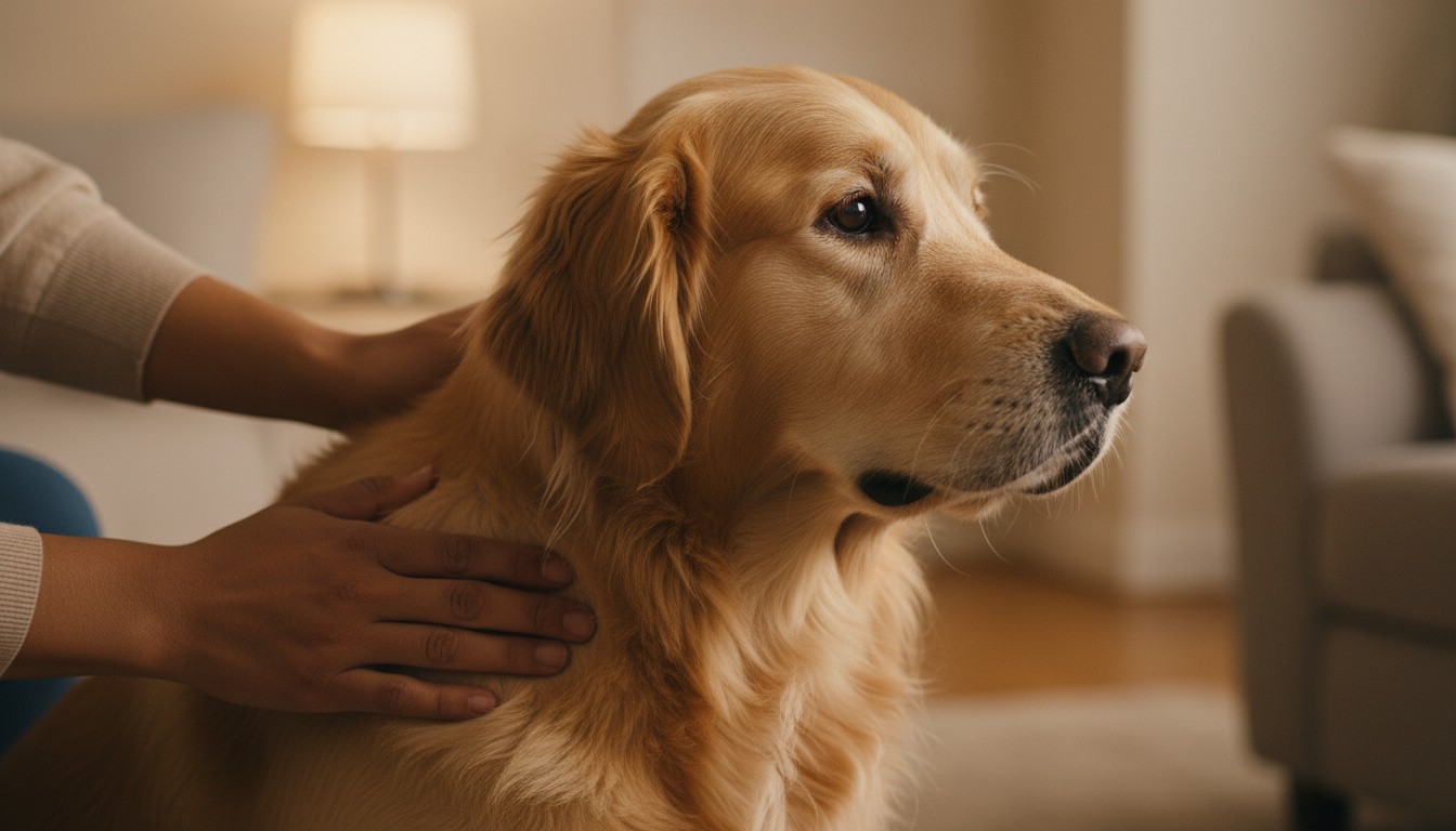Section 2: 'Tactile Skin Scan and Lymph Node Assessment' Close-up of a person petting a Golden Retriever in a warm living room with soft lighting.