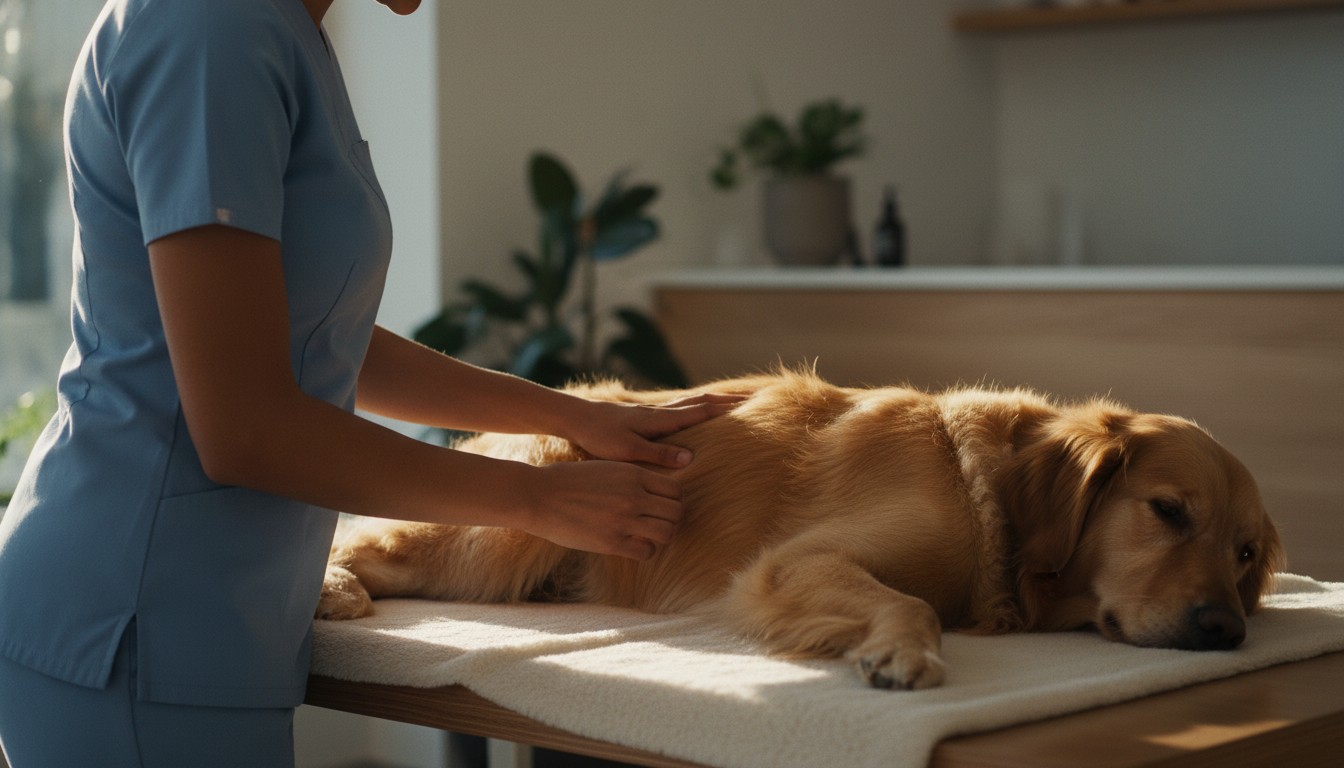 Section 3: 'Abdominal Palpation and Spinal Alignment' A professional veterinarian in blue scrubs gently examines a relaxed golden retriever lying on a clinical table during a checkup.
