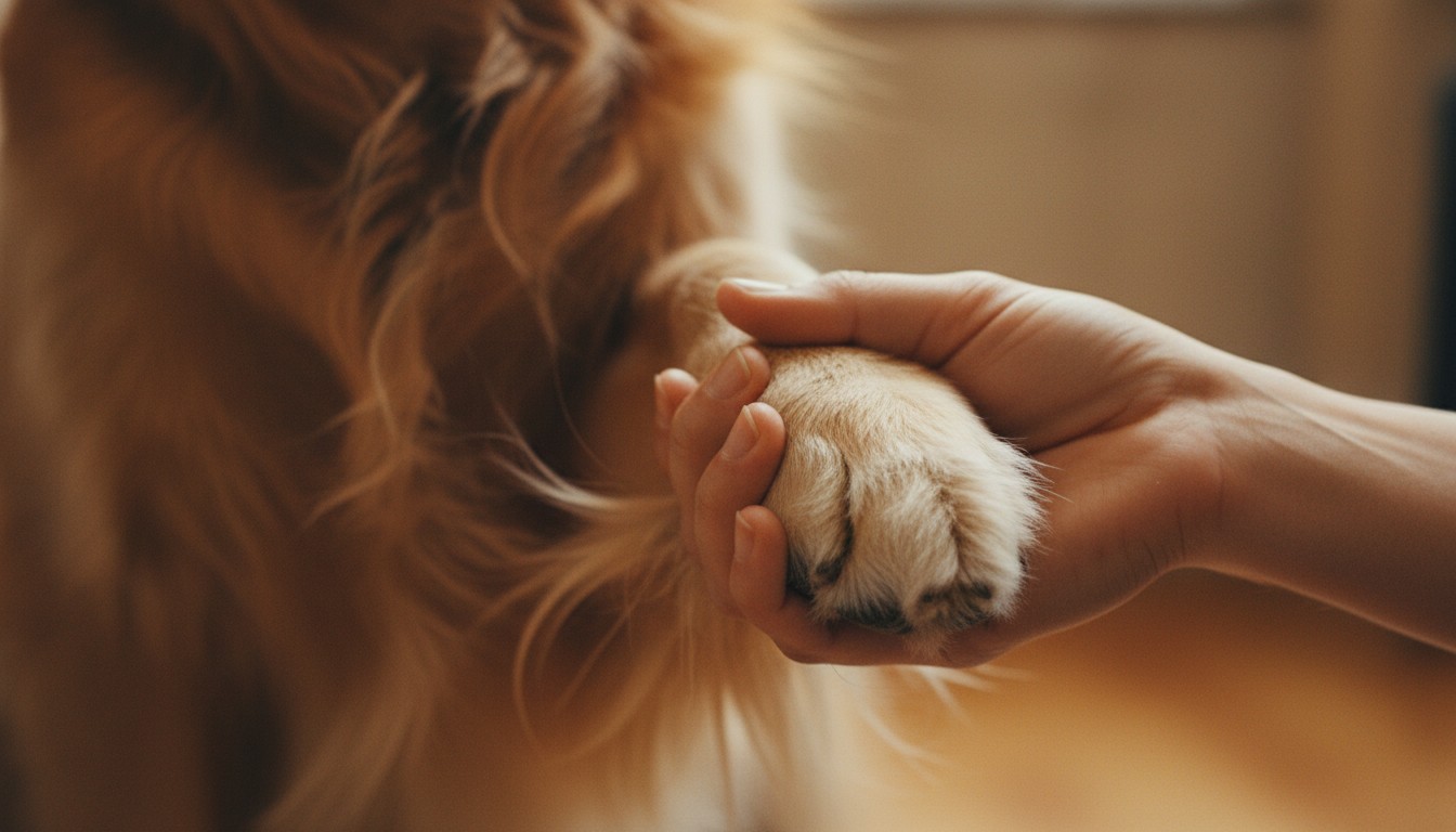 Section 4: 'Limbs, Paws, and Range of Motion' Close-up of a human hand gently holding a Golden Retriever dog paw, symbolizing trust and the bond between pet and owner in a warm indoor setting.