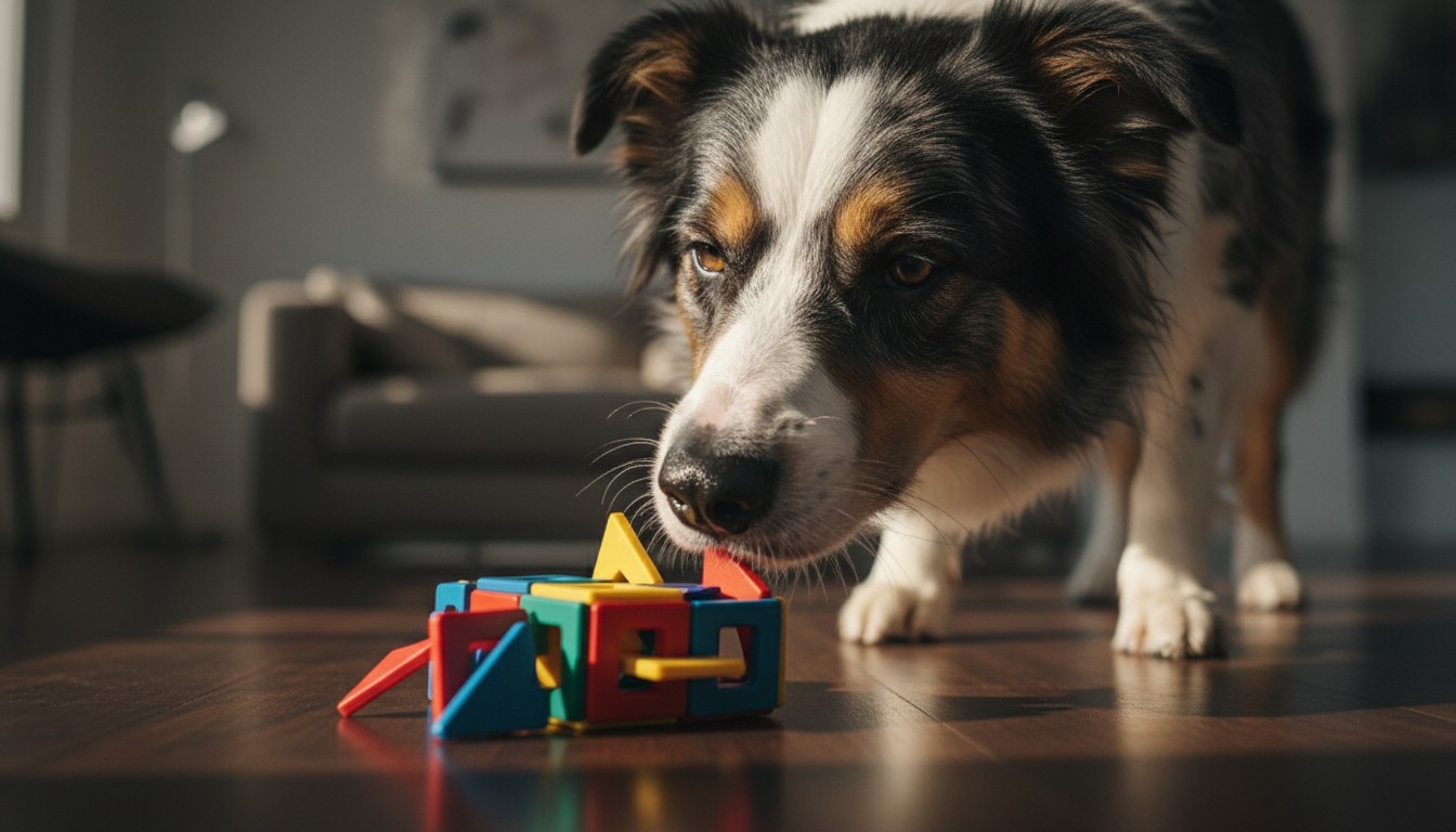 Focused Australian Shepherd dog playing with colorful magnetic geometric blocks on a wooden living room floor.