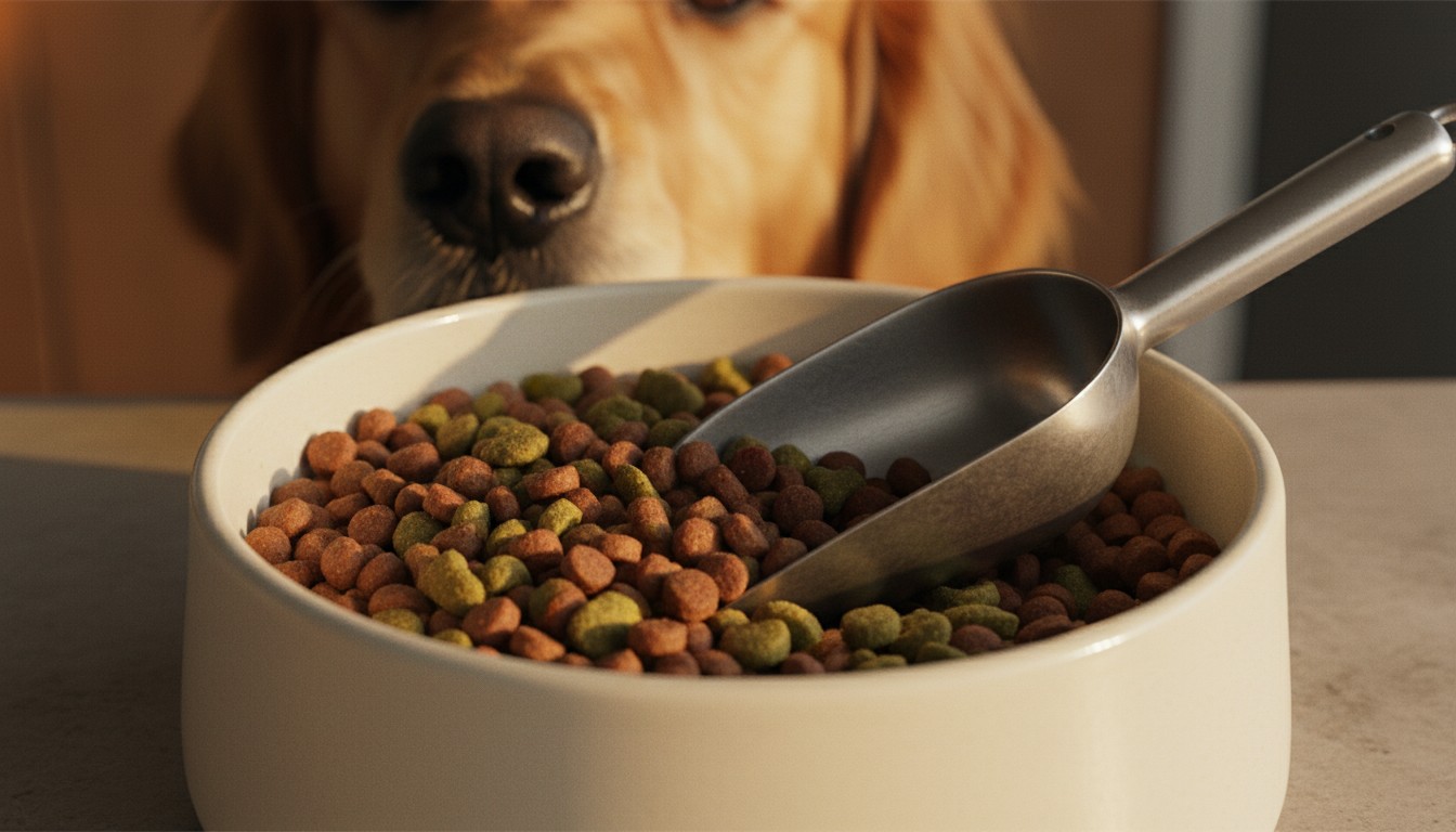 Section 1: 'Why the Standard Seven-Day Rule Often Fails' Golden retriever dog looking at a white bowl of multi-colored dry kibble with a metal scoop.