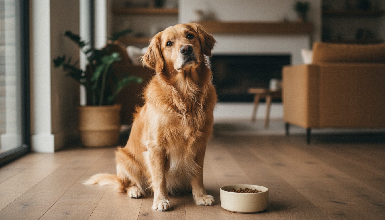 Section 2: 'Identifying the 50% Hump and Stalled Progress' Friendly Golden Retriever dog sitting on a wooden floor next to a ceramic bowl filled with dry kibble in a cozy modern living room.