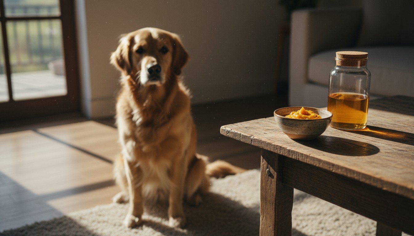 Section 4: 'Using Digestive Aids to Bridge the Gap' Golden Retriever sitting in a sunlit room near a wooden table with a ceramic bowl of pumpkin puree and a bottle of supplement liquid for dog health.