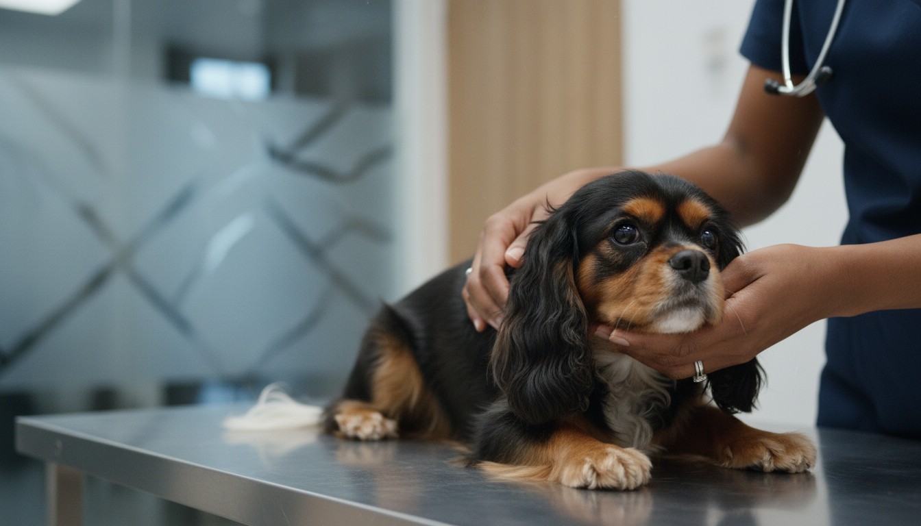 Section 6: 'When to Seek Professional Veterinary Help' A tricolor Cavalier King Charles Spaniel being gently examined by a veterinarian in a clinic. The vet hands support the dog head on a metal exam table during a routine pet health checkup.