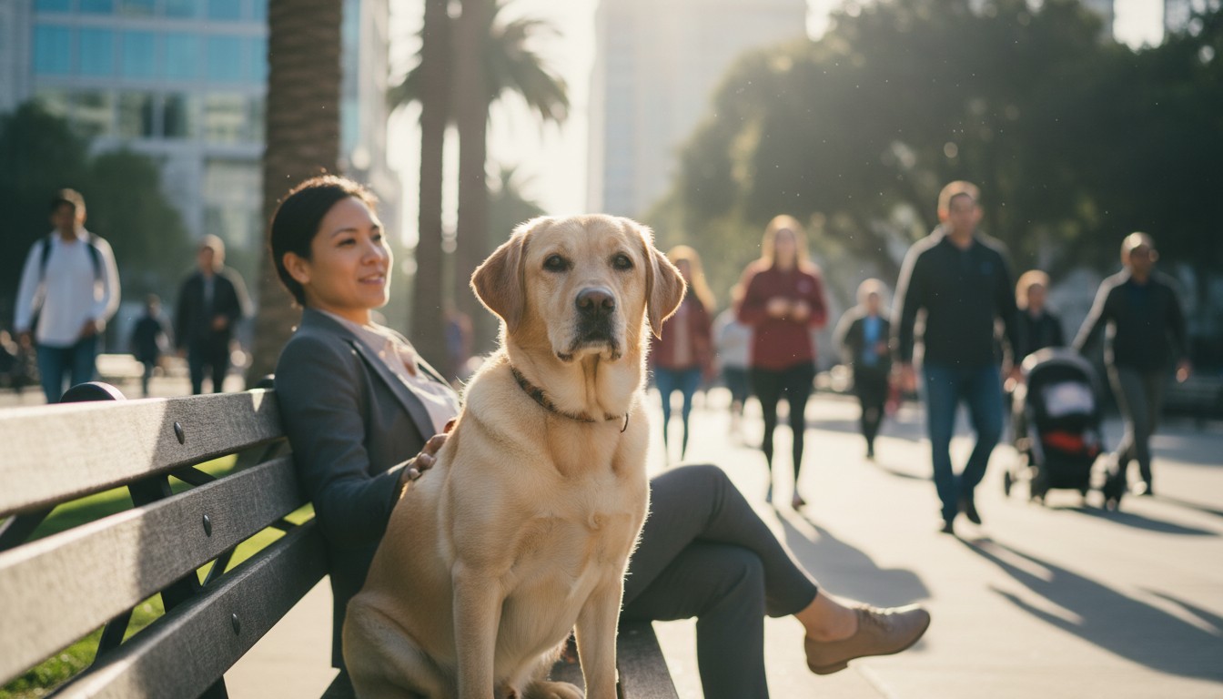 A yellow Labrador retriever sitting on a park bench next to its owner in a sunny urban plaza with palm trees and pedestrians.