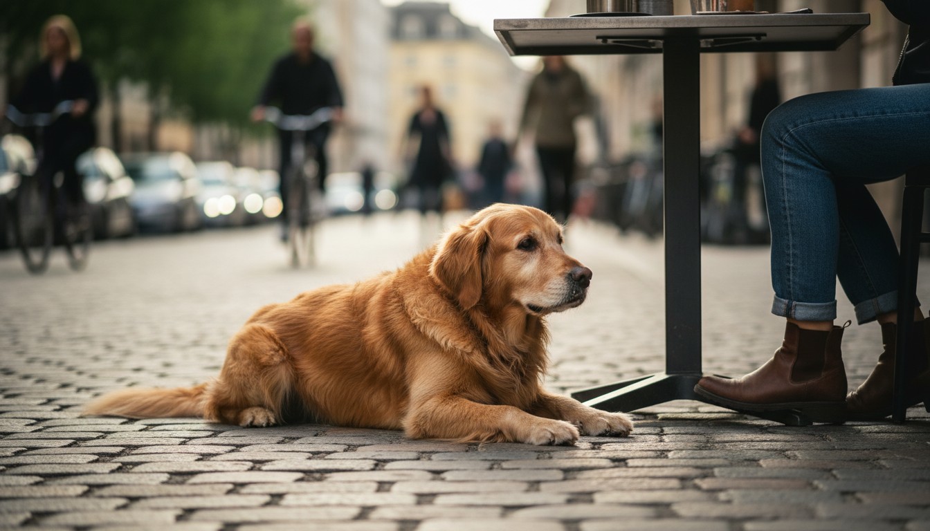 A calm golden retriever lying on a cobblestone street at an outdoor sidewalk cafe with a person sitting nearby.