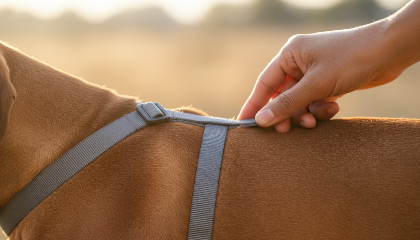 Close-up of a hand adjusting a grey nylon dog harness on a brown short-haired dog outdoors during sunset.