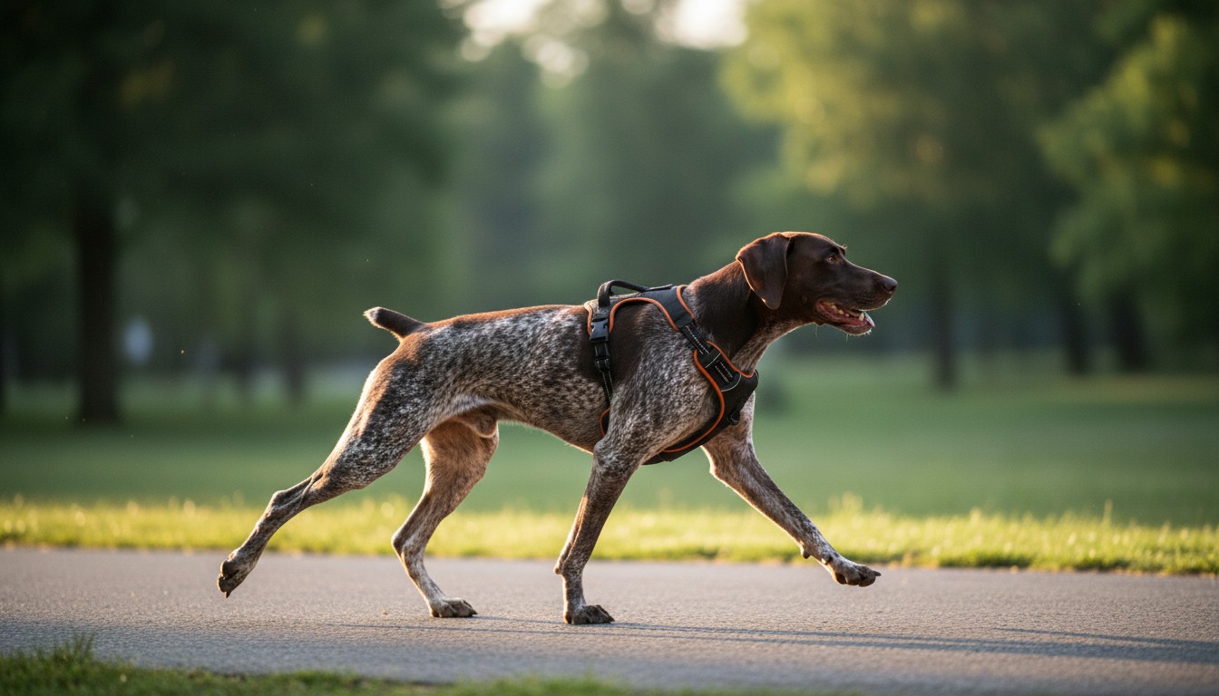 German Shorthaired Pointer running on a paved park path at sunset wearing a black and orange dog harness.