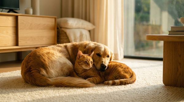 Golden retriever and orange tabby cat cuddling together on a rug in a sunlit living room.